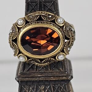 Heidi Daus oval topaz pearl rhinestone cocktail ring 11.5 glitz drag grandma